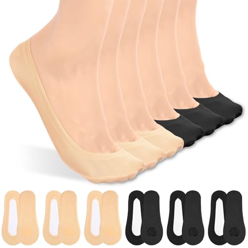 No Show Socks Women 6 Pairs Nylon Non-Slip Thin Liner Socks Invisible Hidden Socking for Flats Ultra Low Cut Nylon Thin Sock for Flat Invisible Non-Slip Liner Footies