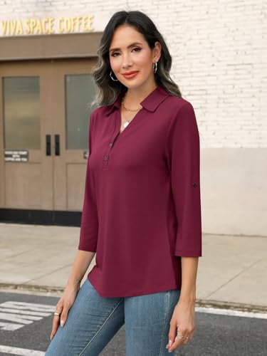 Women's 3/4 Length Rolled Sleeve Tunic Tops Collared V Neck T Shirts Summer Casual Blouses 20253