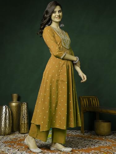 Image of PARTHVI Women's 100% Pure Cotton Anarkali Kurta Set with Pant & Dupatta | Embroidered Flared Kurta | Elegant Ethnic Suit