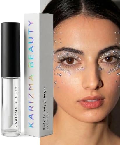 Face Makeup Glue for Rhinestones, The Original Peel Off Formula. for Cosmetics, Glitter by KARIZMA Beauty. Face Gems Glue Adhesive Body Cosmetic Makeup Primer Lash
