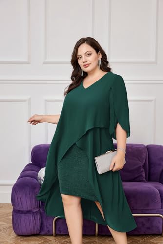 Image of Hanna Nikole Womens Plus Size Chiffon Cocktail Dress Ruffle 3 /4 Sleeve Wedding Guest Party Dresses with High Low Hem