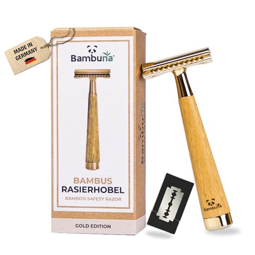 BAMBUNA Rasierhobel Herren & Damen inkl. 5 Klingen - Rasierhobel Set gold - Sicherheitsrasierer mit geschlossenem Kamm - Rasierhobel mit Bambusgriff - Plastikfrei & Nachhaltig+eBook - Made in Germany