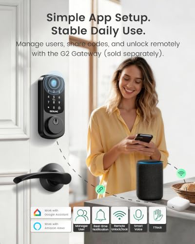 Image of DESLOC B200 Fingerprint Smart Lock with 2 Lever Handles, Keyless Entry Front Door Lock Set, Electronic Keypad Deadbolt, App Control, Auto Lock, Long Battery Life,Matte Black