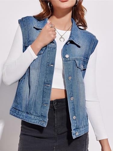 Imily Bela Womens Denim Vest Classic Button Down Sleeveless Jean Jackets Cropped Distressed Vest - Thumbnail 4