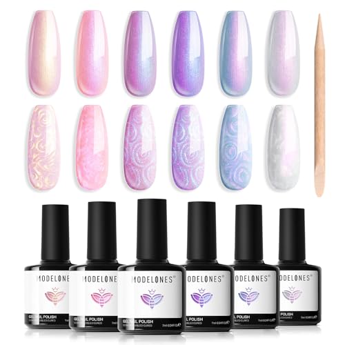 Modelones Smalti Semipermanenti Unghie, Smalto Gel Unghie UV Gel French Manicure 7ml, 6 Colori Rosa, Rosa Viola Chiaro,Viola, Blu Effetto Perla