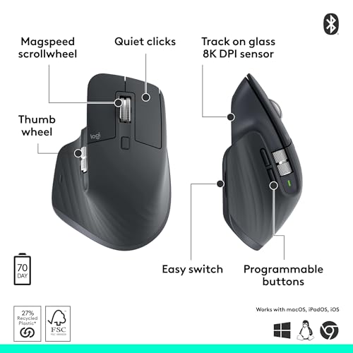 Logitech MX Master 3S Bluetooth Edition Ratón Inalámbrico, Sin Receptor USB - Desplazamiento Ultrarrápido, Ergo, 8K DPI, Seguimiento en Vidrio, Clics Silenciosos, Funciona con Apple Mac, Windows PC