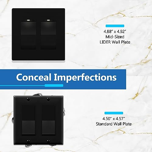 Image of LIDER Double Decorator Switch Cover, Screwless Wall Plate, Mid-Size 2-Gang 4.88 inch x 4.92 inch, LSWP-32M-BK, UL Listed, Thermoplastic, Matte Black, 1-Pack