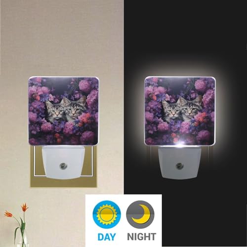 Image of Cats Purple Flower Night Lights 2 Pack Plug-in Wall Led Nightlight Auto Dusk-to-Dawn Sensor Lamps for Bedroom Kitchen Bathroom