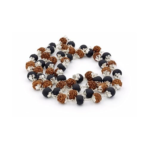 Image of Karungali Malai Silver Plated Original with Rudraksha | 54 Beads Ebony wood Panchmukhi Rudraksha Mala Goverment Lab Test Certification Mala with German Silver-Caps | Authentic Karungali Malai for Spiritual Protection, Wisdom & Positivity | Gift for Men & Women - 1 Piece