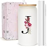 Personalized Gifts for Women, Monogrammed Frosted Glass Tumbler with Straw and Lid, Cute Customized Mug, Custom Initial Iced Coffee Glasses, Customizable Drinking Cup, Birthday Teacher Woman, J