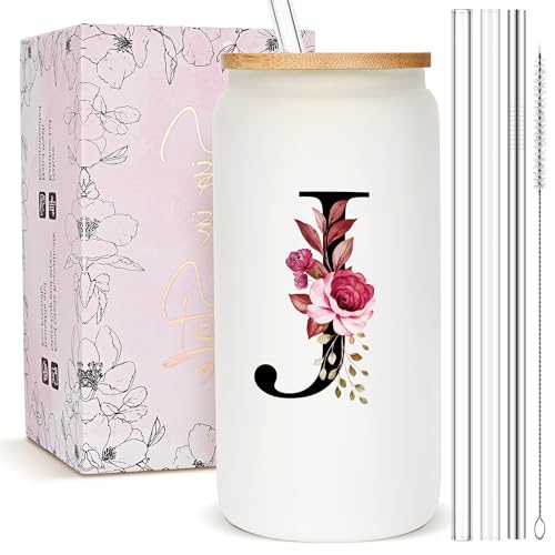 Personalized Gifts for Women, Monogrammed Frosted Glass Tumbler with Straw and Lid, Cute Customized Mug, Custom Initial Iced Coffee Glasses, Customizable Drinking Cup, Birthday Teacher Woman, J