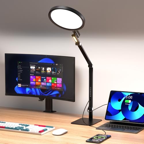 Dorlink Lampara Escritorio LED, Flexo Escritorio Plegable, Táctil 5 Temperaturas 5 Brillos 1337LM, Puertos USB y Type-C, Luz Nocturna, Rotación Multiangular, Cuidado Ocular Ra95, Negro