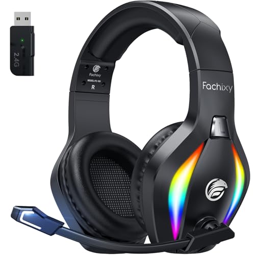 Fachixy FC-100 Bluetooth Headset, 2,4G Gaming Headset Wireless mit Mikrofon für PS5, PS4, PC, Switch, Mac, Surround Sound Noise Cancelling Kopfhörer mit LED Licht, Über 50 Stunden Akkulaufzeit