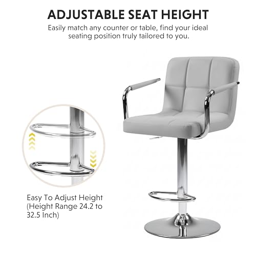 Image of HealSmart Bar Stools Set of 2, Adjustable Swivel Bar Chairs with Cushioned Armrests & Ergonomic Backrest, Water-Resistant PU Leather for Kitchen Island Counter Pub Dining Room, Grey