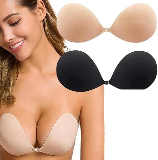 zaswi Invisible Sticky Adhesive Bra, Strapless Reusable Push Up, Backless, Seamless Stick On, Black and Nude, 2 Pack-picture-29
