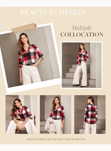 Image of Dokotoo Womens Tops Plaid Cotton Cuffed 3 /4 Sleeve Shirts Blouses