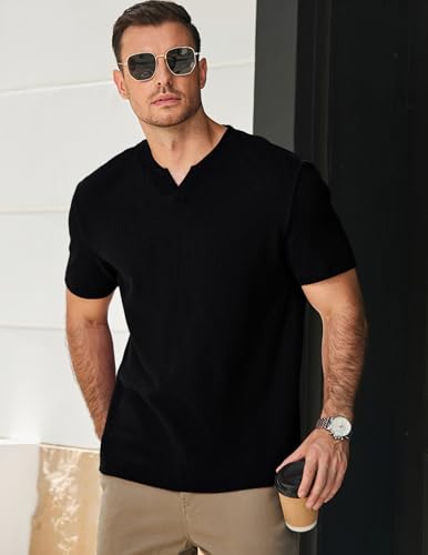 JMIERR Mens Waffle Cotton T Shirt V-Neck Henley Shirt Short Sleeve Work Casual Tee Shirts3