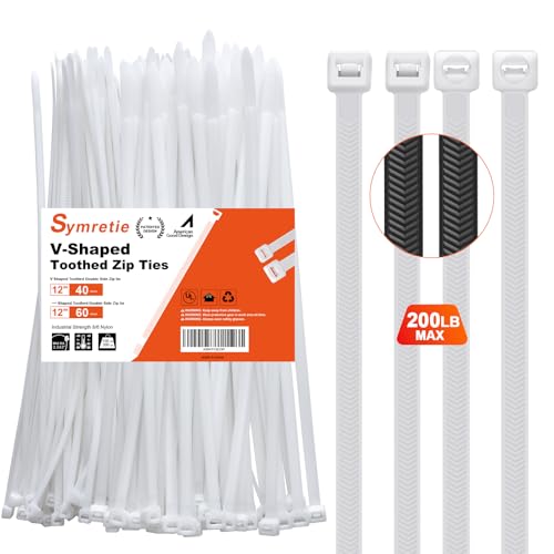 Symretie 12"─-shaped & V-shaped double-sided tooth zip ties white. ─: 100lbs, V: 200lbs tensile strength. Heavy-duty, self-locking, adjustable, durable nylon ties for indoor/outdoor use. (40V+60─) by Symretie - Used condition - US$13.87