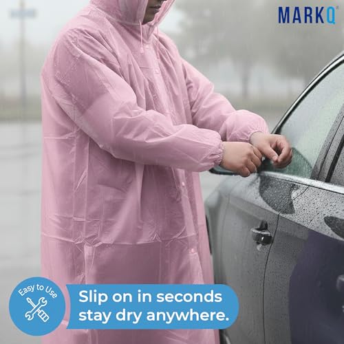 MARKQ Rain Poncho for Adults – Reusable Lightweight Waterproof EVA Material with Hood & Drawstring Foldable & Tear-Proof Design for Outdoor Activities Camping & Emergency Use Assorted Pink, One Size