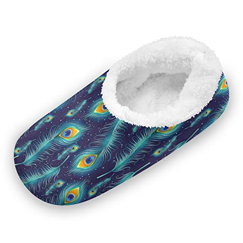 TropicalLife LUCKYEAH Zapatillas de casa bohemias de plumas de pavo real para mujeres y hombres, zapatillas de pies peludos, cómodas y cálidas de espuma viscoelástica, zapatillas de felpa pa