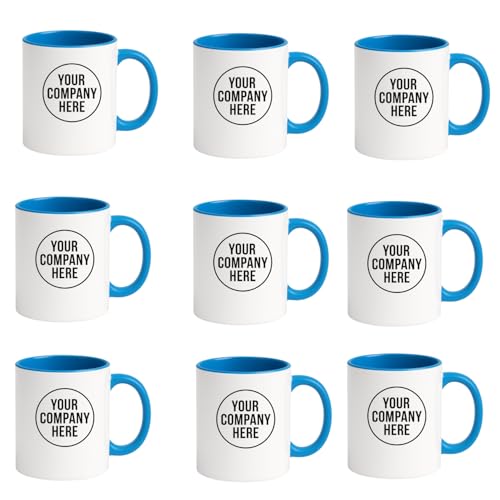 Bulk Custom Logo Mugs 11oz – Personalized Promotional Coffee Cups with Company Logo, Text and Branding, Double-Sided Print Wholesale (Set of 10, 20, 50 or 100) Ideal for Office Gifts (10, Blue)
