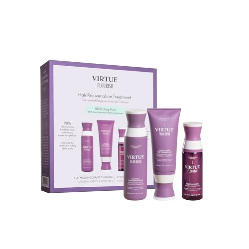 Virtue Flourish Shampoo, Conditioner and Density Booster Treatment Bundle for Thinning Hair for Women, 100% Drug-Free Regimen