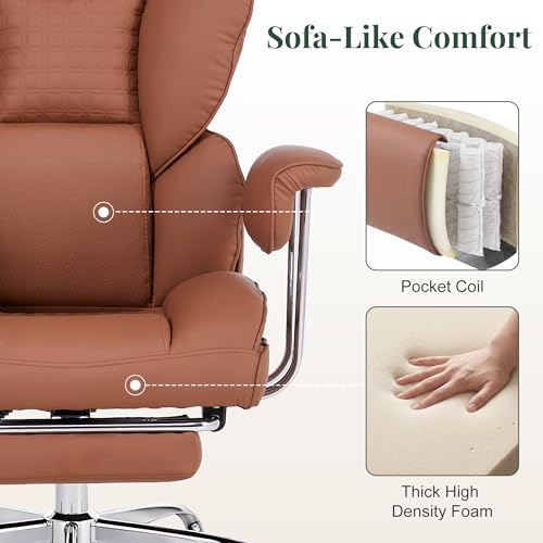 Image of Big and Tall Office Chair 400 LBS, Scratch-Resistant PU Leather Executive Ergonomic Desk Chair with Footrest, Lumbar Support, Wide Reclining Computer Seat for Home Office, Brown