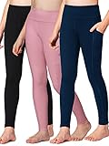 Stelle Girls, Big Kid Athletic Active Dance Tight Legging Pants with Pockets for Running Yoga Workout (Black-Navy-Pink (2 Side Pocket), 10-11 Years)