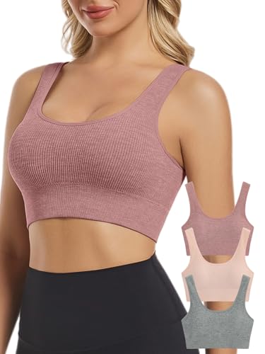 Image of Chilylori Seamless Sports Bras for Women Pack of 3 Ribbed Sports Bra Workout Tops Cropped Tank Top Comfort Padded Yoga