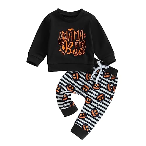Baby Boy Halloween Outfit Long Sleeve Letter Print Crewneck Sweatshirt Tops and Drawstring Pants 2PCS Newborn Outfit (D Black, 0-6 Months)