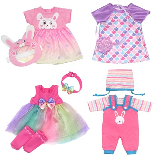 Doll Clothes Dress for 10-14 Inch 30-36cm Baby Dolls 4-pack Soft Outfits with Socks (Not Include Doll)