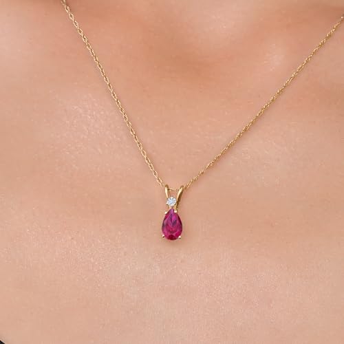 Gem Stone King 14K Yellow Gold Red Created Ruby and White Moissanite Pendant Necklace for Women | 1.07 Cttw | Gemstone July Birthstone | Pear Shape 8X5MM | With 18 Inch Chain3
