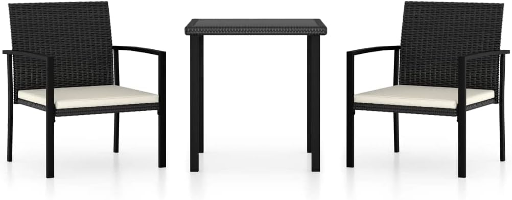 vidaXL Patio Dining Set 3 Piece, Dining Table and Chairs, Patio Furniture Set with Cushions, Conversation Set for Garden, Farmhouse, Poly Rattan Black
