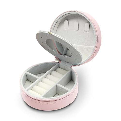 MultiValue Boîte à Bijoux De Voyage, Mini Boîte à Bijoux De Voyage Ronde Avec Miroir Boîte à BijouxEn Cuir Pour Boucles d'Oreilles, Colliers, Bracelets Et Bagues (Rose)