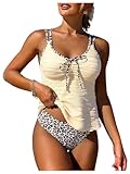 Verdusa Women's 2 Piece Tankini Set Boho Leopard Textured Tie Knot Strap Flowy Top with Panty Swimsuit Multicolor Large