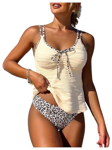Verdusa Women's 2 Piece Tankini Set Boho Leopard Textured Tie Knot Strap Flowy Top with Panty Swimsuit Multicolor Large