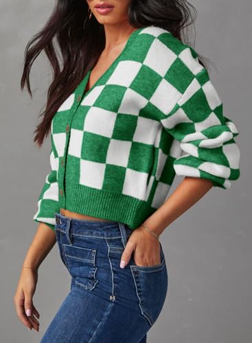Image of Dokotoo Womens Cardigans Soft Long Sleeve Cable Knit Plaid Cropped Sweaters
