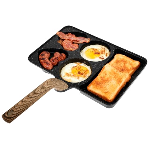 Sesaver 5 in 1 Egg Frying Pan, Non Stick Multifunctional Breakfast Skillet with Detachable Wood Handle for Cooking Eggs Burger Bacon All Stoves Compatible(Black)