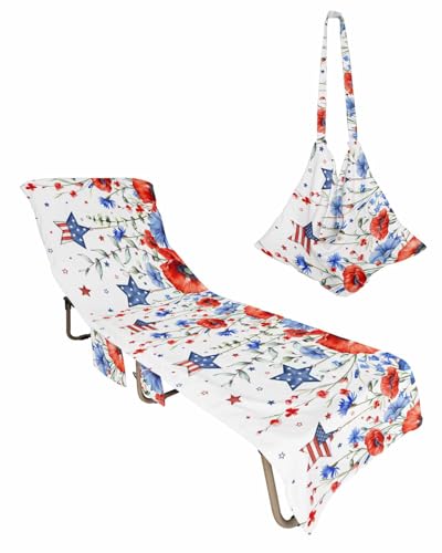 4th of July Beach Lounge Chair Towel Cover, Soft Chaise Lounge Towel with Side Pockets Patio Pool Chairs Cover for Beach/Pool Sunbathing 29x85 Blue Red Floral Star Independence Day