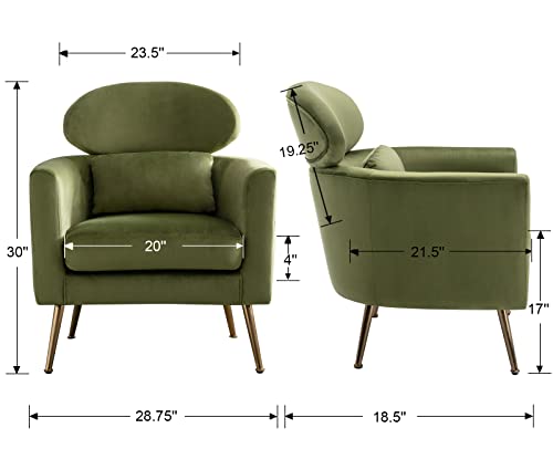 Dm Furniture Velvet Accent Chair Comfy Living Room Chair Slipper Chair Mid Century Single Sofa Arm Chair With Golden Legs And Pillow For Bedroom/Guest Room, Olive Green #TOP2