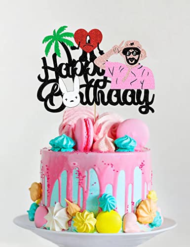 Bunny Music Star Cake Topper For For Bad Bunny Heart Birthday Cake Toppers Decoration Glitter Music Star Theme Happy Birthday Party Supplies #TOP1
