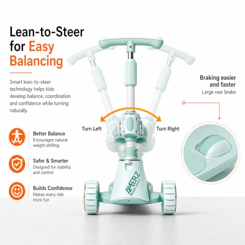 Image of Multi-Functional 2 in 1 Kids Kick Scooter with Foldable Seat | Adjustable Handlebar | PU LED Flashing 3 Wheels | for Boys & Girls Age 3-14 Years (KS-110 Seafoam Green)
