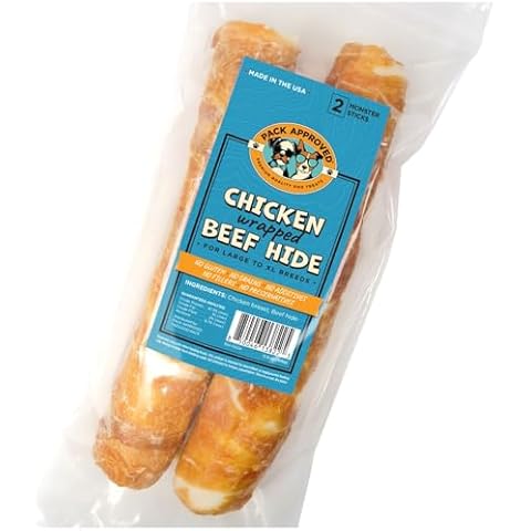 Pack Approved Chicken Wrapped Rawhide Dog Beef Sticks - Long Lasting Dog Chews for Aggressive Chewers - Chicken Wrapped Dog Treats for Large Dogs - Beef Sticks for Dogs Rawhide Chews - XL (Pack of 2) Cover