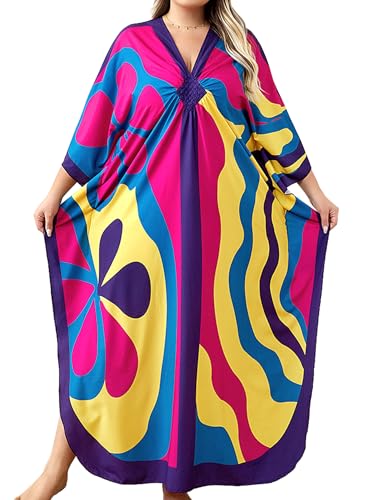 Yanziliu Kaftan Dresses Plus Size V-Neck Women's Swimwear Cover Ups Tie Dye Batwing Sleeves Mumu Caftan Dress