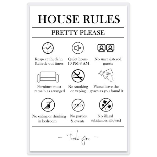 Air BnB House Rules Sign - 4x6 Inch Laminated Vacation Rental Rules with 4 Damage-Free Adhesive Dots Clear Guest Guidelines for Short Term Rentals VRBO Hotels (House Rules)