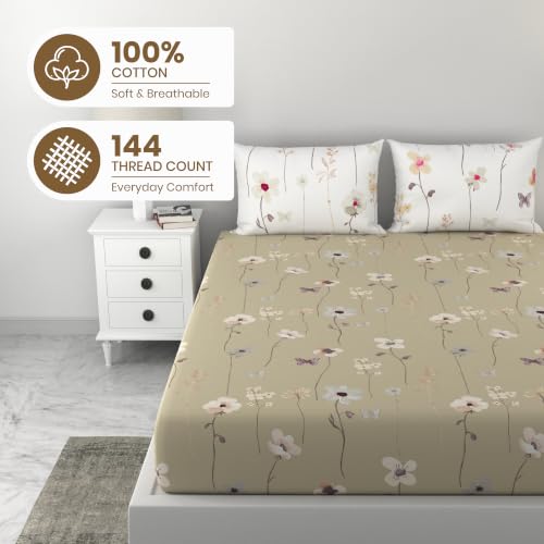 Image of Loreto 100% Cotton Elastic Fitted Bedsheet Double Bed with 2 Pillow Covers