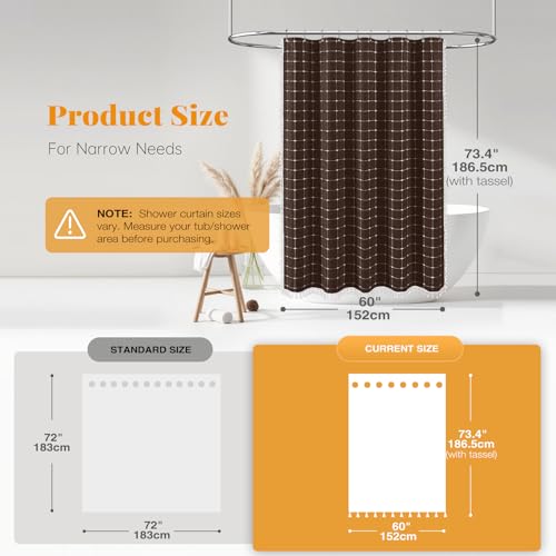 Image of BTTN 60 Inch Stall Shower Curtain - Boho Farmhouse Linen Weighted Fabric Cloth Shower Curtain Set with 10 Plastic Hooks, Narrow Bohemian Country Decorative Shower Curtains for Bathroom - 60x72 - Brown
