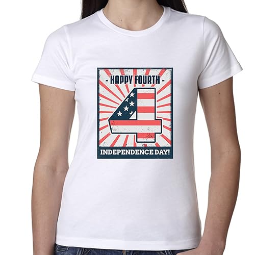 Camisetas femininas 4 de julho com bandeira americana vintage EUA Patriotic Shirts for Women, Branco