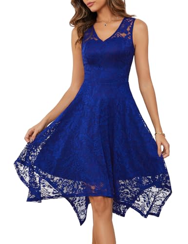 Meetjen Robes de Cocktail pour Femmes 2024 Robe de Demoiselle d'honneur Élégante en Dentelle sans Manches Bleu Royal L