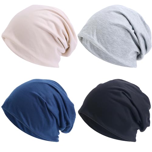 Tergy 4 Pieces Unisex Beanie Hats for Men Women Slouchy Beanie Hip-Hop Caps Lighweight Soft Skull Caps for Chemo Sleep